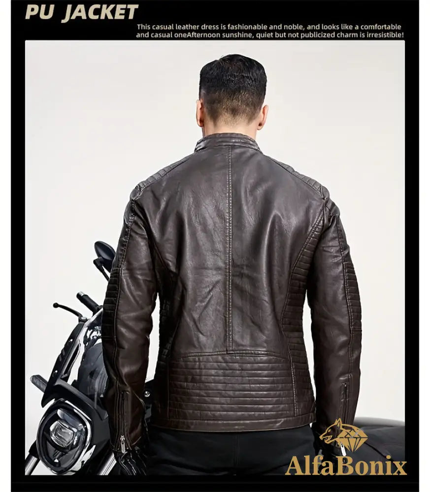 Men’s Vintage Motorcycle PU Leather Jacket Autumn and Winter Retro PU Leather Riding Windproof Outerwear Washed PU