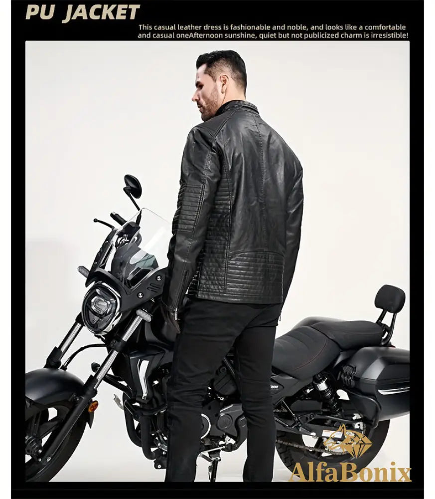 Men’s Vintage Motorcycle PU Leather Jacket Autumn and Winter Retro PU Leather Riding Windproof Outerwear Washed PU