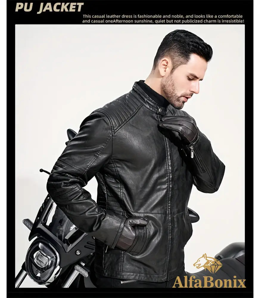 Men’s Vintage Motorcycle PU Leather Jacket Autumn and Winter Retro PU Leather Riding Windproof Outerwear Washed PU