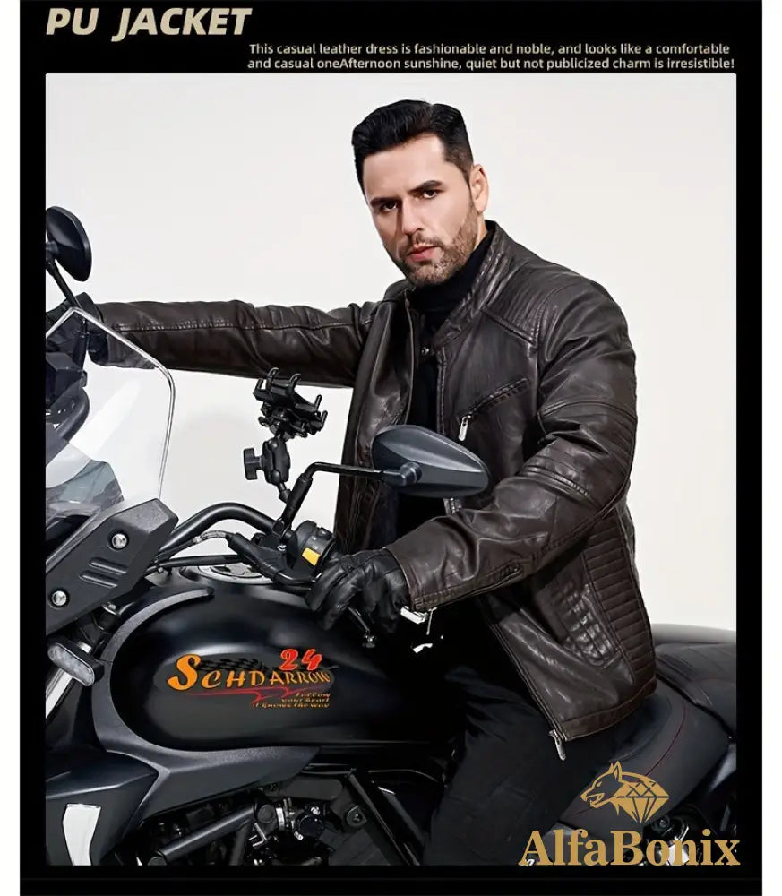 Men’s Vintage Motorcycle PU Leather Jacket Autumn and Winter Retro PU Leather Riding Windproof Outerwear Washed PU