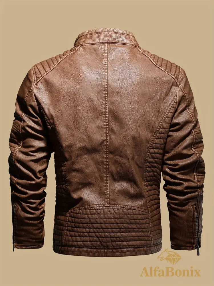 Men’s Vintage Motorcycle PU Leather Jacket Autumn and Winter Retro PU Leather Riding Windproof Outerwear Washed PU