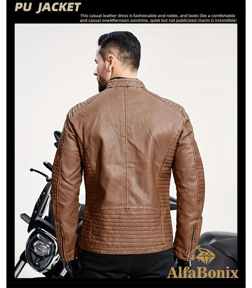 Men’s Vintage Motorcycle PU Leather Jacket Autumn and Winter Retro PU Leather Riding Windproof Outerwear Washed PU