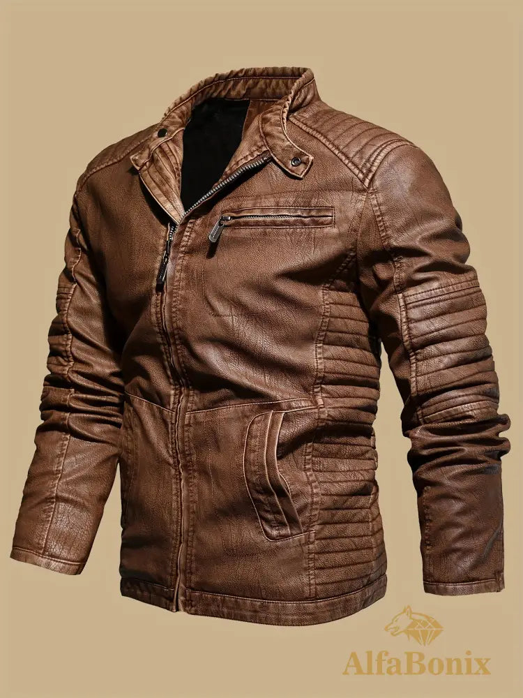 Men’s Vintage Motorcycle PU Leather Jacket Autumn and Winter Retro PU Leather Riding Windproof Outerwear Washed PU