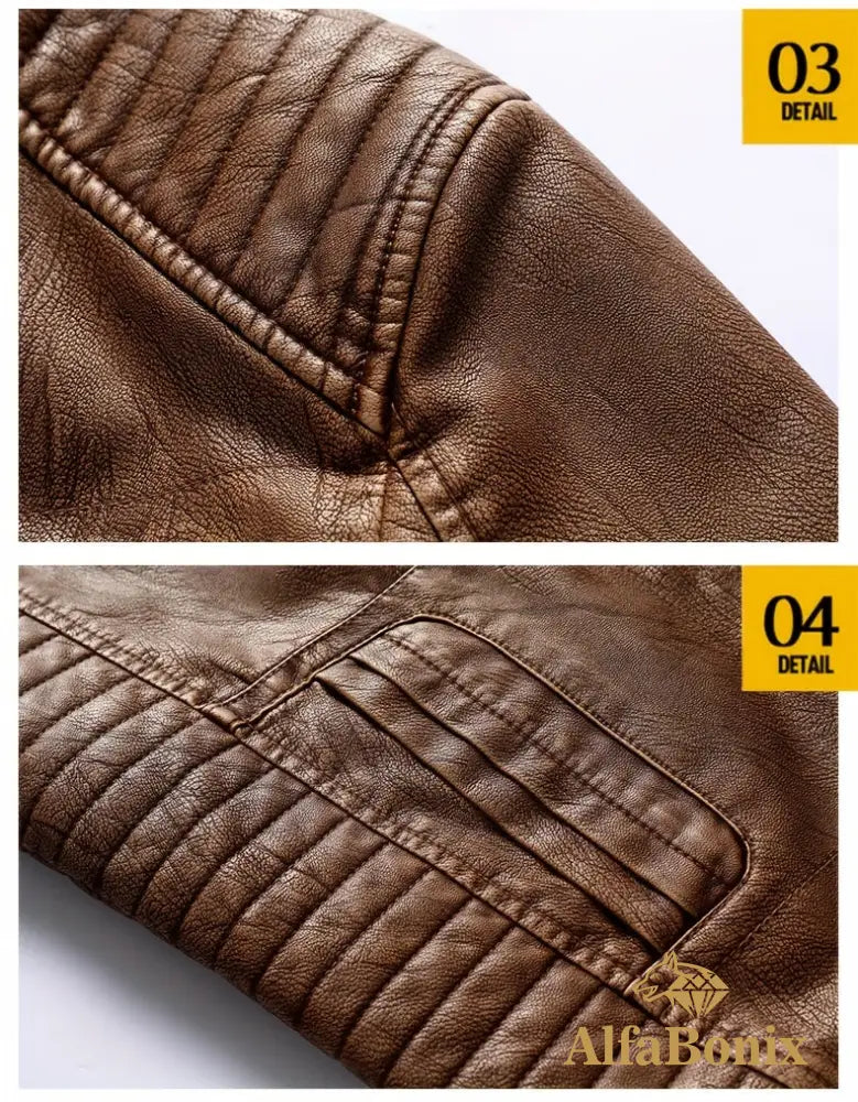 Men’s Vintage Motorcycle PU Leather Jacket Autumn and Winter Retro PU Leather Riding Windproof Outerwear Washed PU