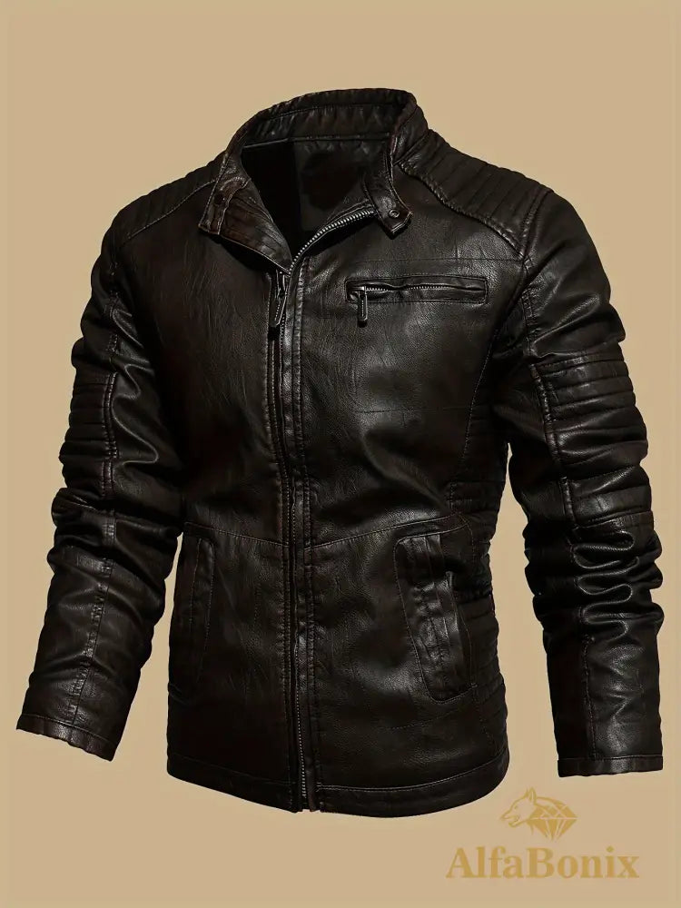Men’s Vintage Motorcycle PU Leather Jacket Autumn and Winter Retro PU Leather Riding Windproof Outerwear Washed PU