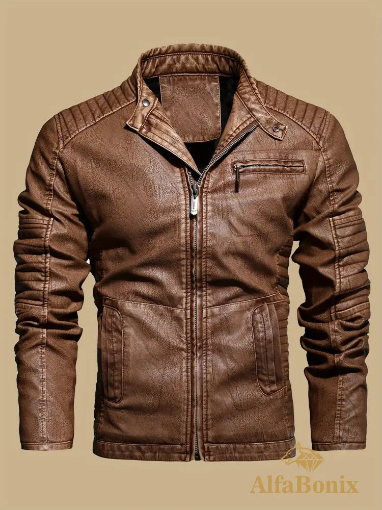 Men’s Vintage Motorcycle PU Leather Jacket Autumn and Winter Retro PU Leather Riding Windproof Outerwear Washed PU