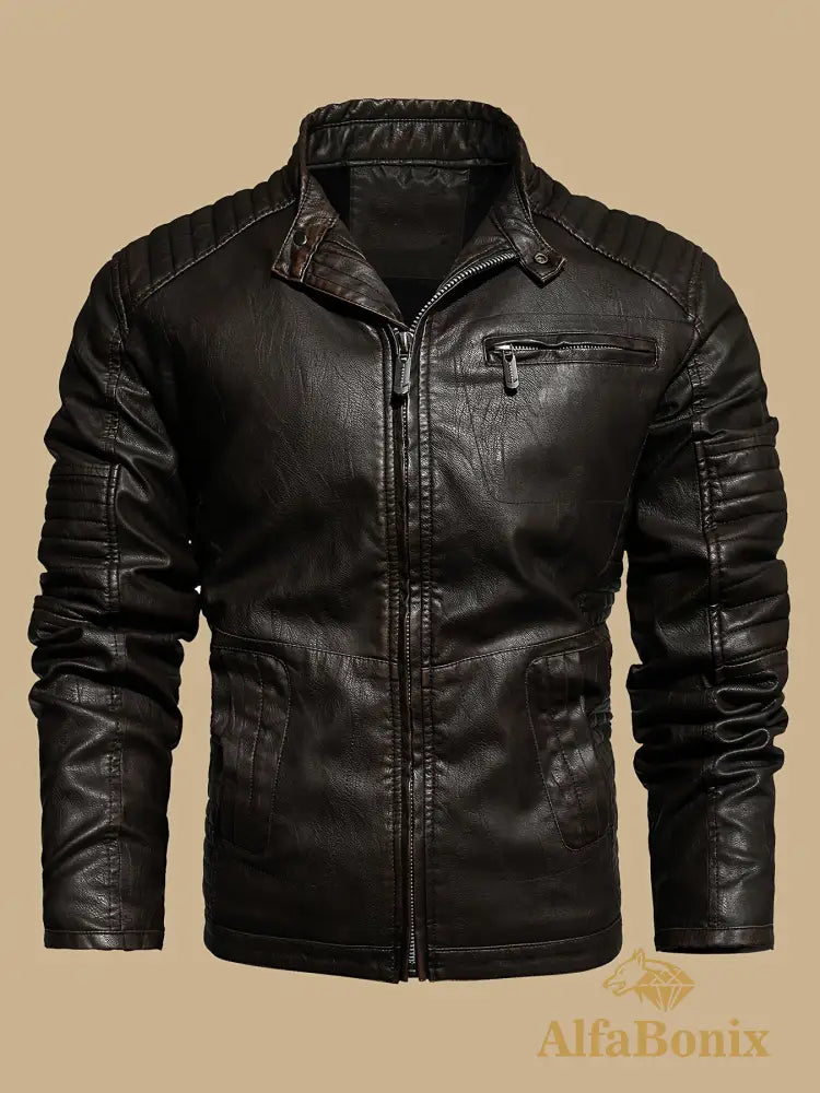 Men’s Vintage Motorcycle PU Leather Jacket Autumn and Winter Retro PU Leather Riding Windproof Outerwear Washed PU