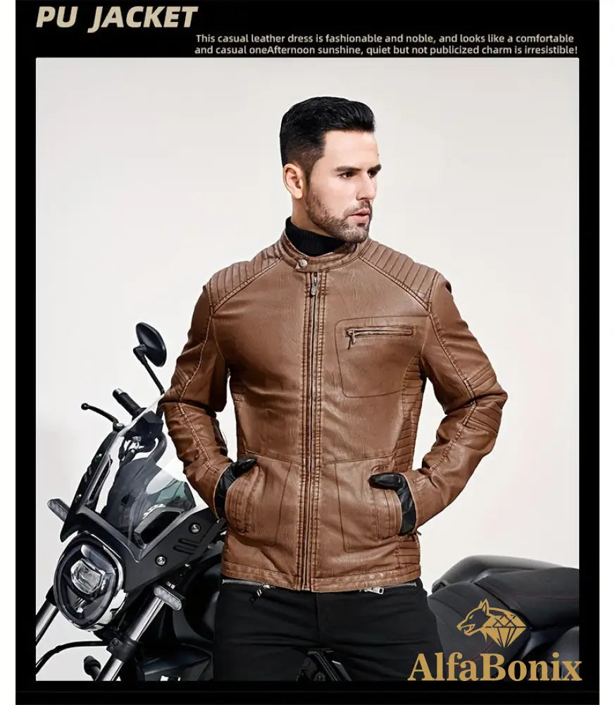 Men’s Vintage Motorcycle PU Leather Jacket Autumn and Winter Retro PU Leather Riding Windproof Outerwear Washed PU