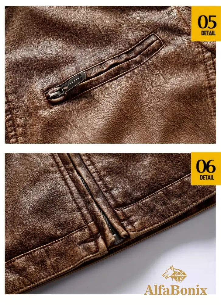 Men’s Vintage Motorcycle PU Leather Jacket Autumn and Winter Retro PU Leather Riding Windproof Outerwear Washed PU