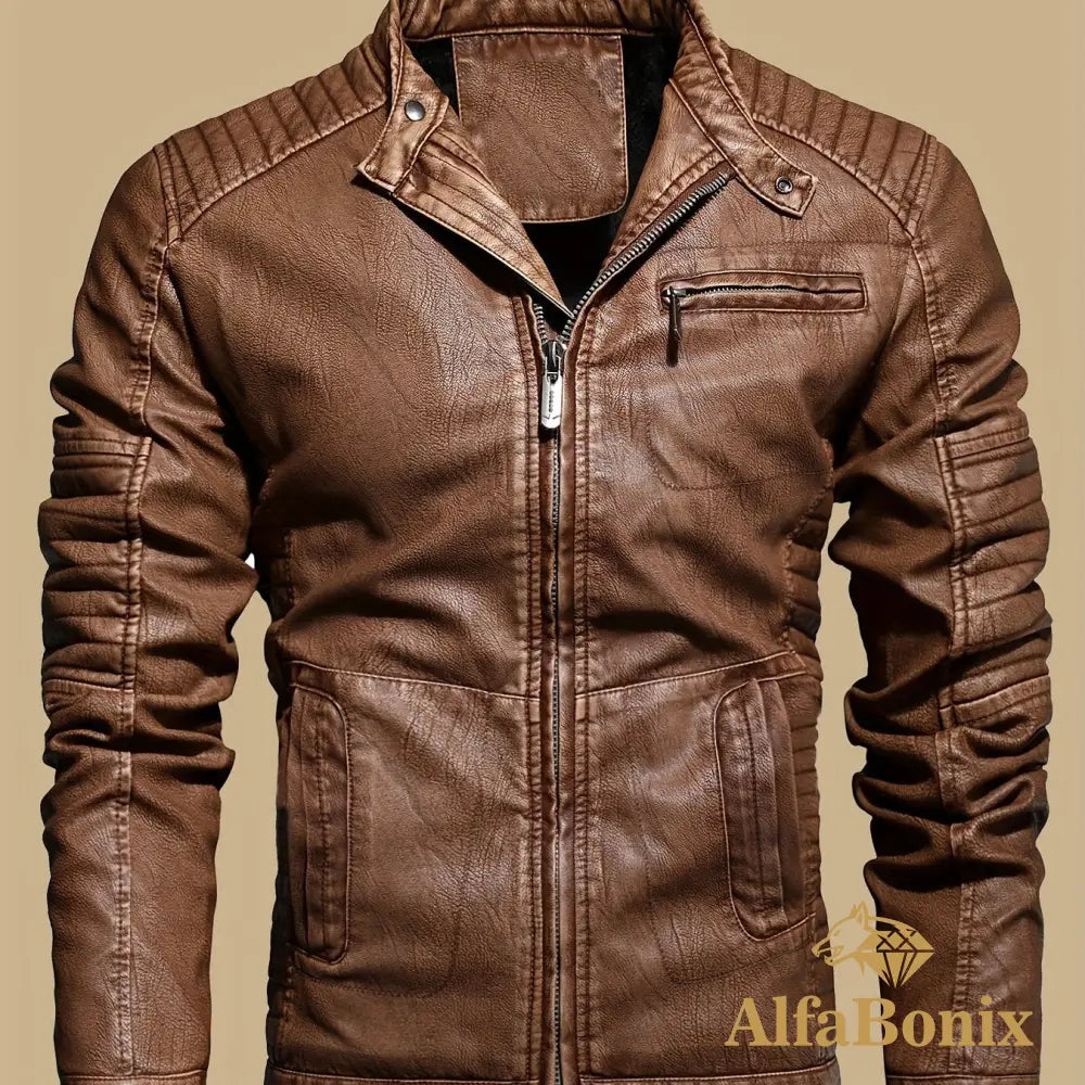 Men’s Vintage Motorcycle PU Leather Jacket Autumn and Winter Retro PU Leather Riding Windproof Outerwear Washed PU