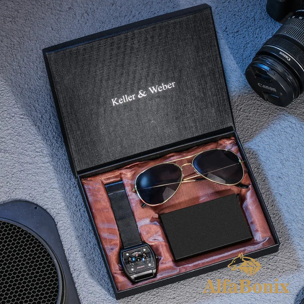 Kit Relógio Mais Carteira E Óculos Maleto