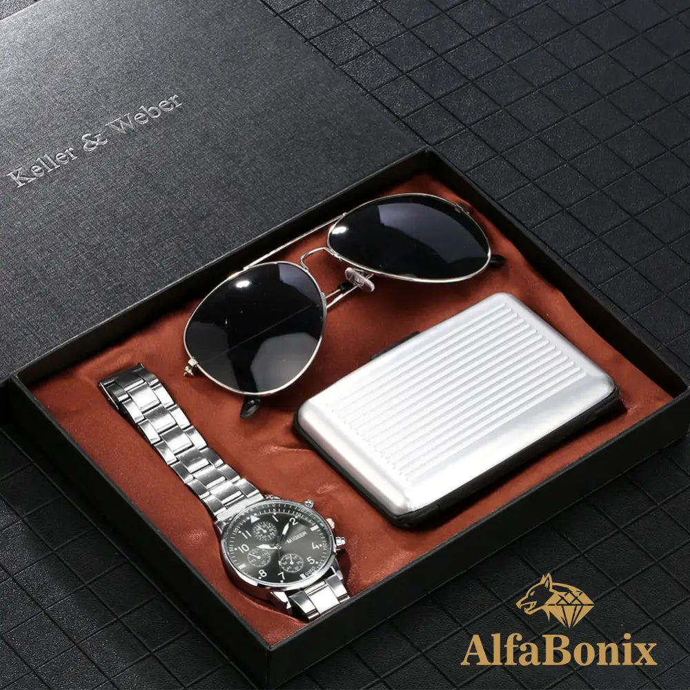 Kit Relógio Óculos E Carteira Masculina Antimagnetic