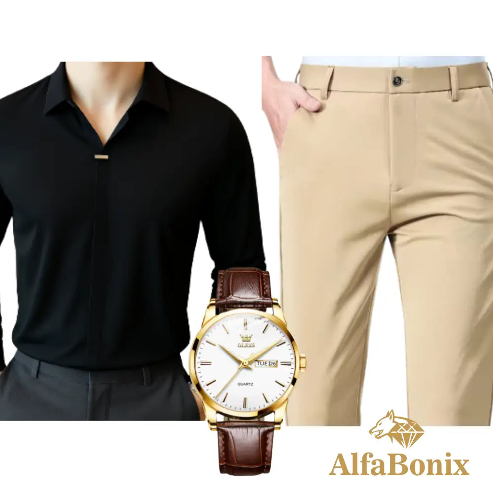 Kit Social em Tecido Premium com Camisa + Calça + Relógio [PROMOÇÃO] 02 / PP Kit Masculino Social Alfa Manchester