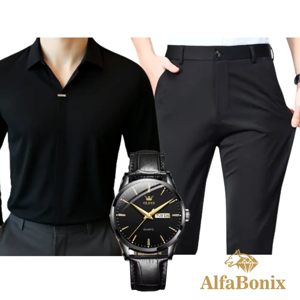 Kit Social em Tecido Premium com Camisa + Calça + Relógio [PROMOÇÃO] 03 / PP Kit Masculino Social Alfa Manchester
