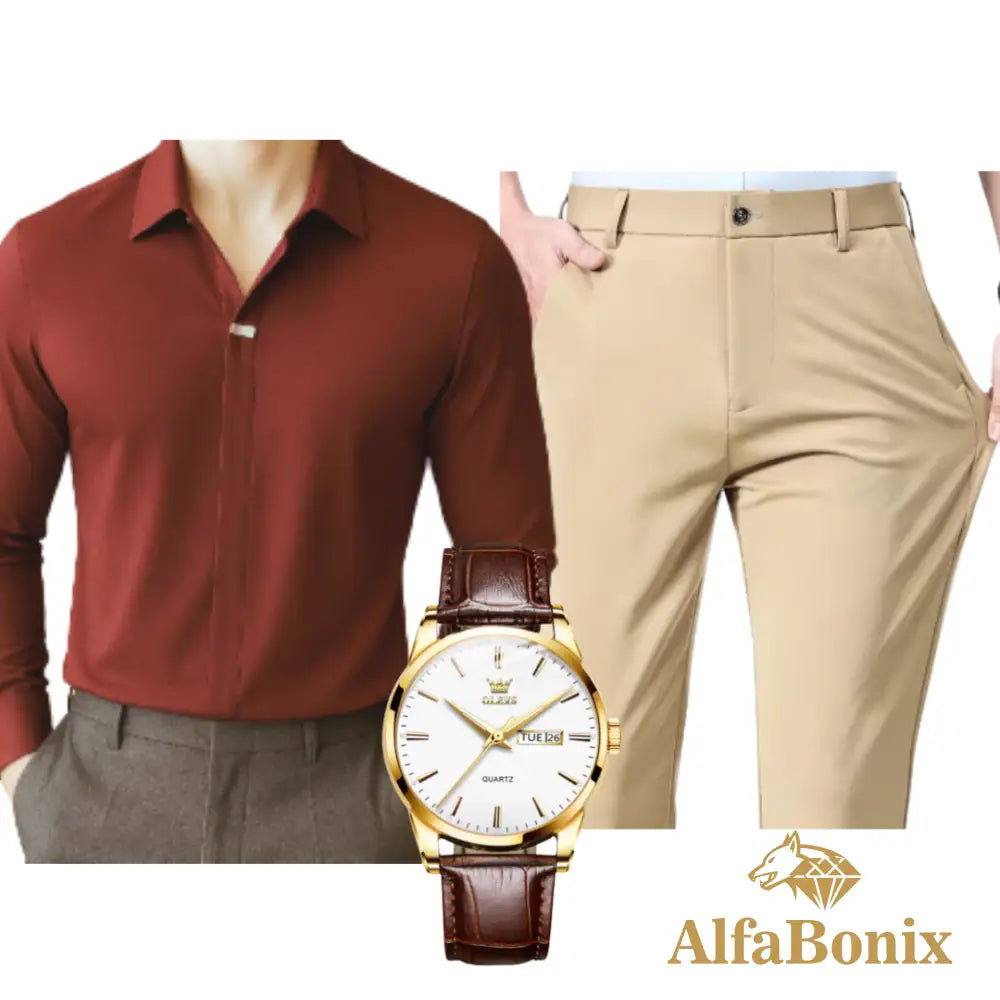 Kit Social em Tecido Premium com Camisa + Calça + Relógio [PROMOÇÃO] 11 / PP Kit Masculino Social Alfa Manchester