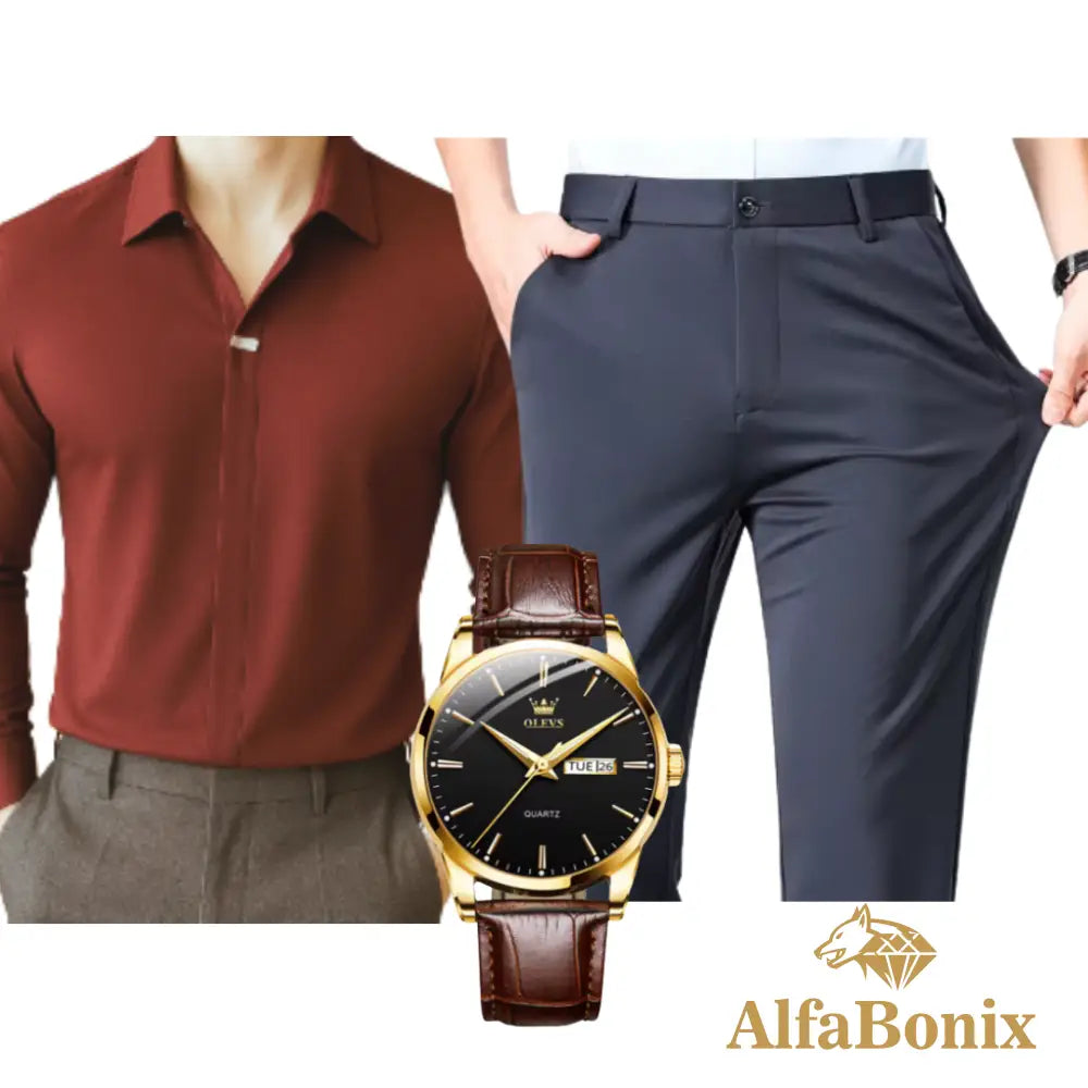 Kit Social em Tecido Premium com Camisa + Calça + Relógio [PROMOÇÃO] 12 / PP Kit Masculino Social Alfa Manchester