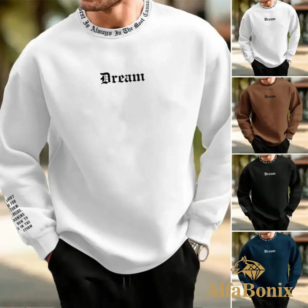 Men Fall Winter Sweatshirt Round Neck Long Sleeve Top Letter Print Thick Loose Warm Mid Length