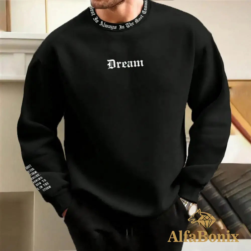 Men Fall Winter Sweatshirt Round Neck Long Sleeve Top Letter Print Thick Loose Warm Mid Length