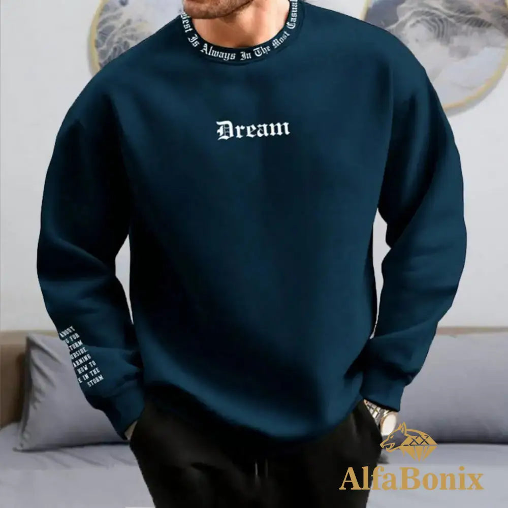 Men Fall Winter Sweatshirt Round Neck Long Sleeve Top Letter Print Thick Loose Warm Mid Length