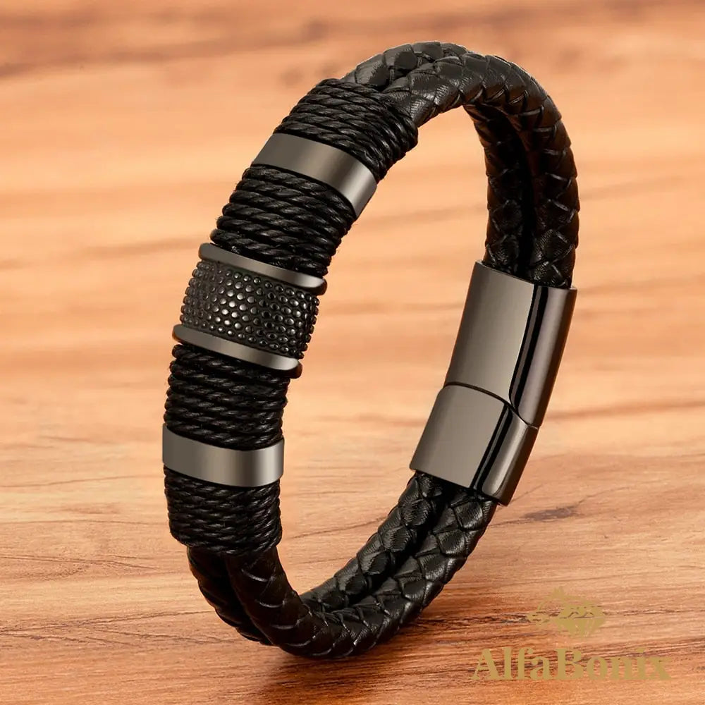 Pulseira Couro Genuíno E Aço Inoxidável