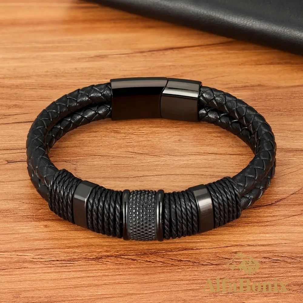 Pulseira Couro Genuíno E Aço Inoxidável