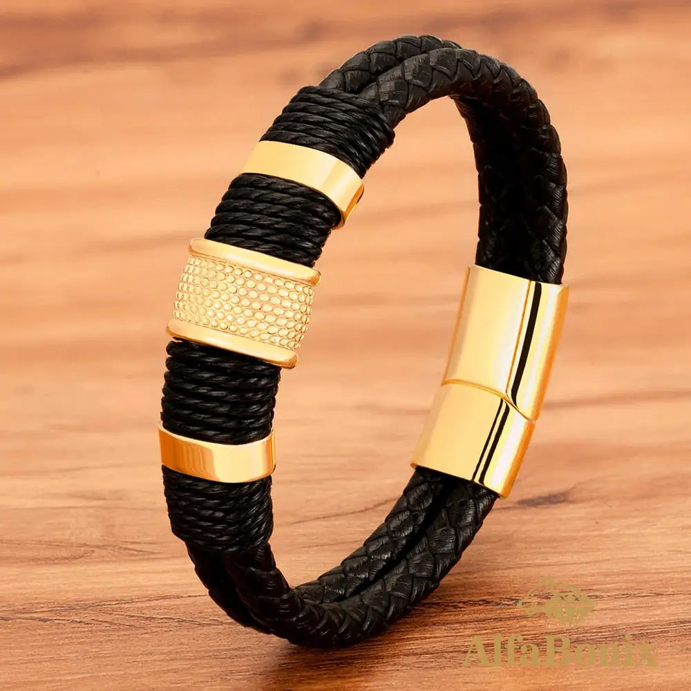 Pulseira Couro Genuíno E Aço Inoxidável