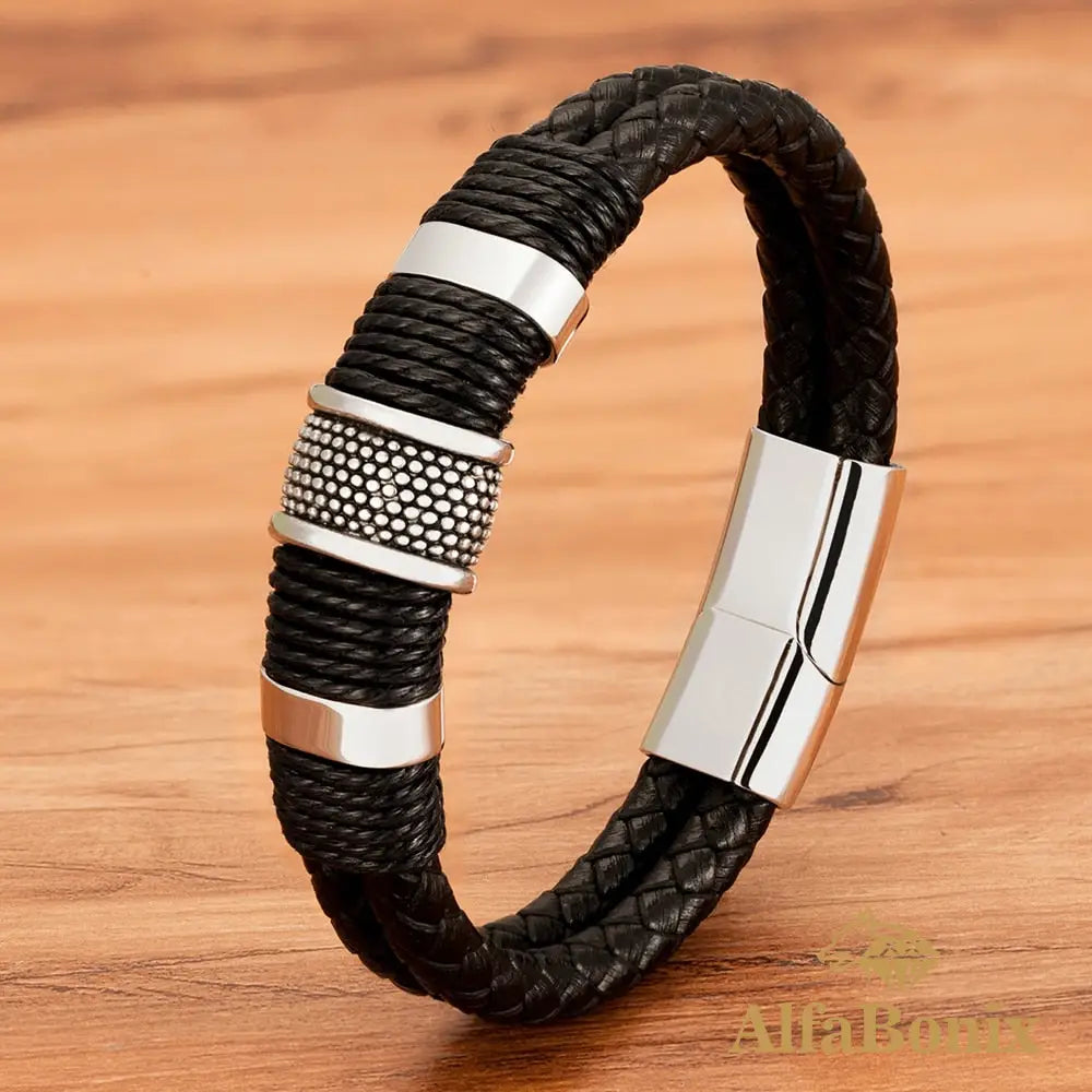 Pulseira Couro Genuíno E Aço Inoxidável / 19Cm