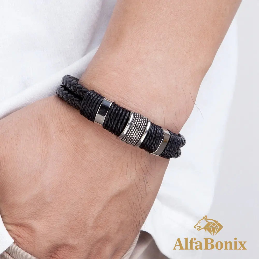 Pulseira Couro Genuíno E Aço Inoxidável