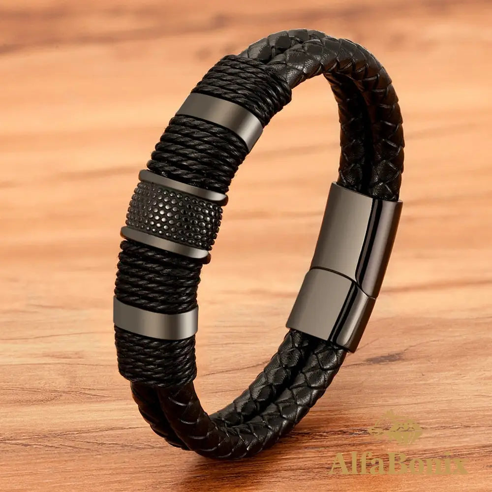 Pulseira Couro Genuíno E Aço Inoxidável