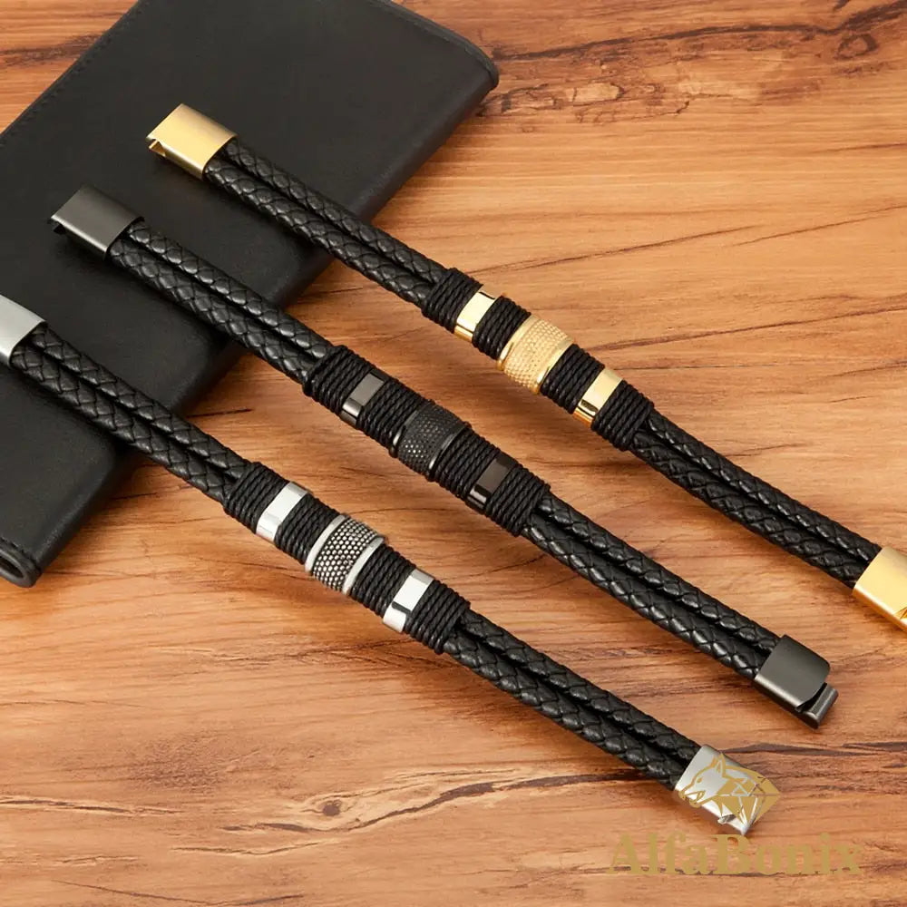 Pulseira Couro Genuíno E Aço Inoxidável