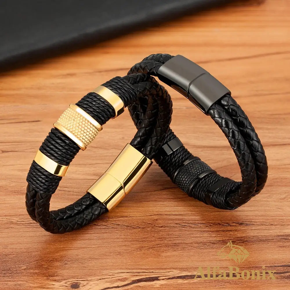 Pulseira Couro Genuíno E Aço Inoxidável