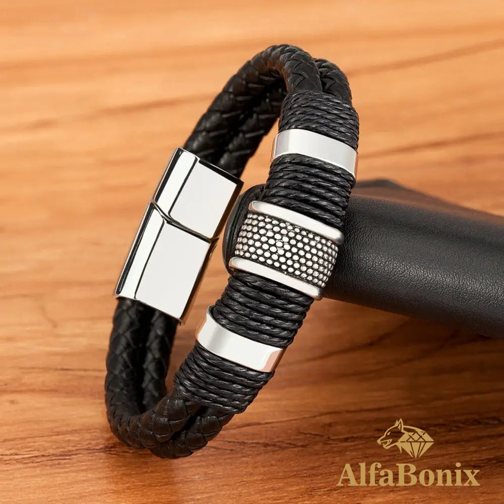 Pulseira Couro Genuíno E Aço Inoxidável