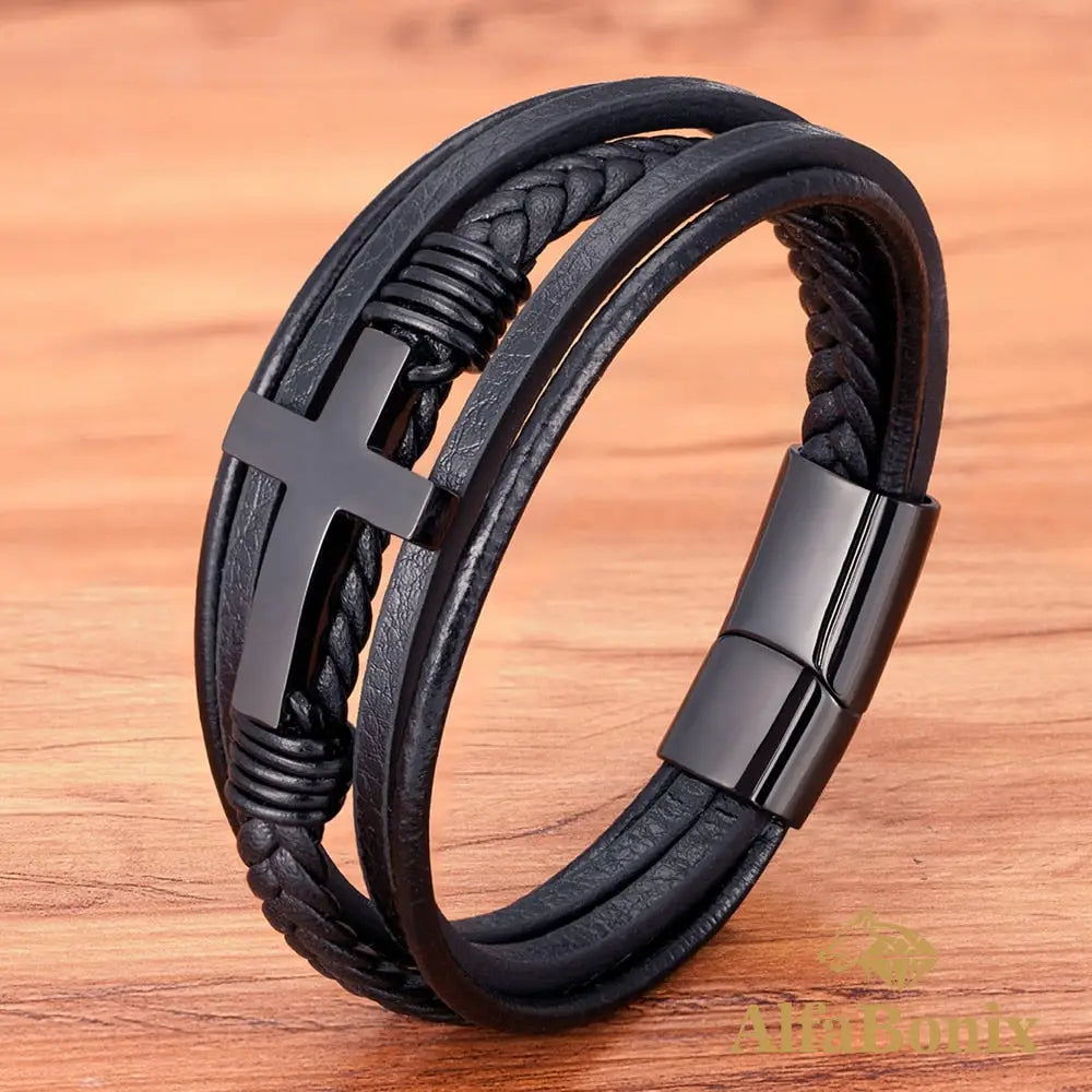 Pulseira Cruz Em Couro
