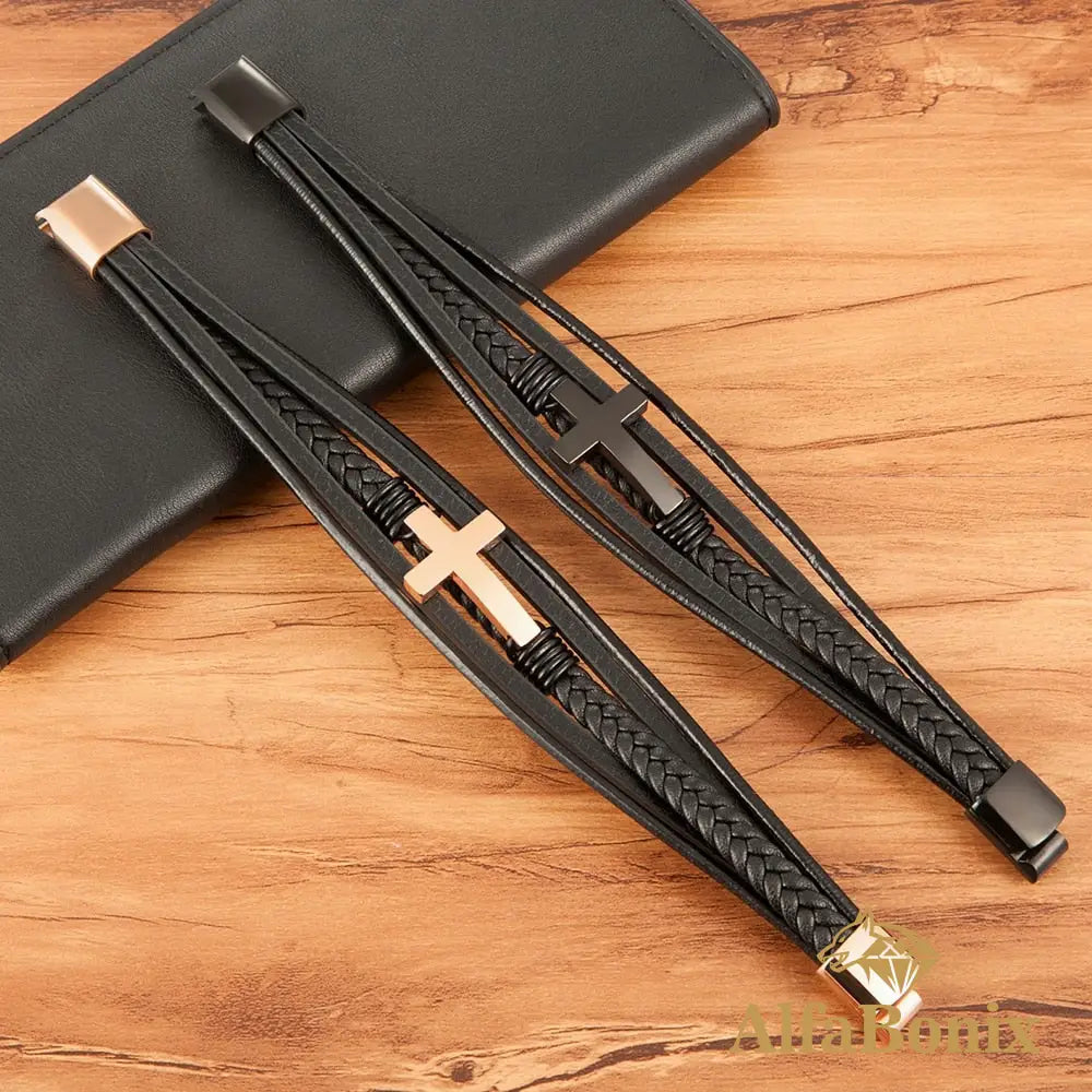 Pulseira Cruz Em Couro