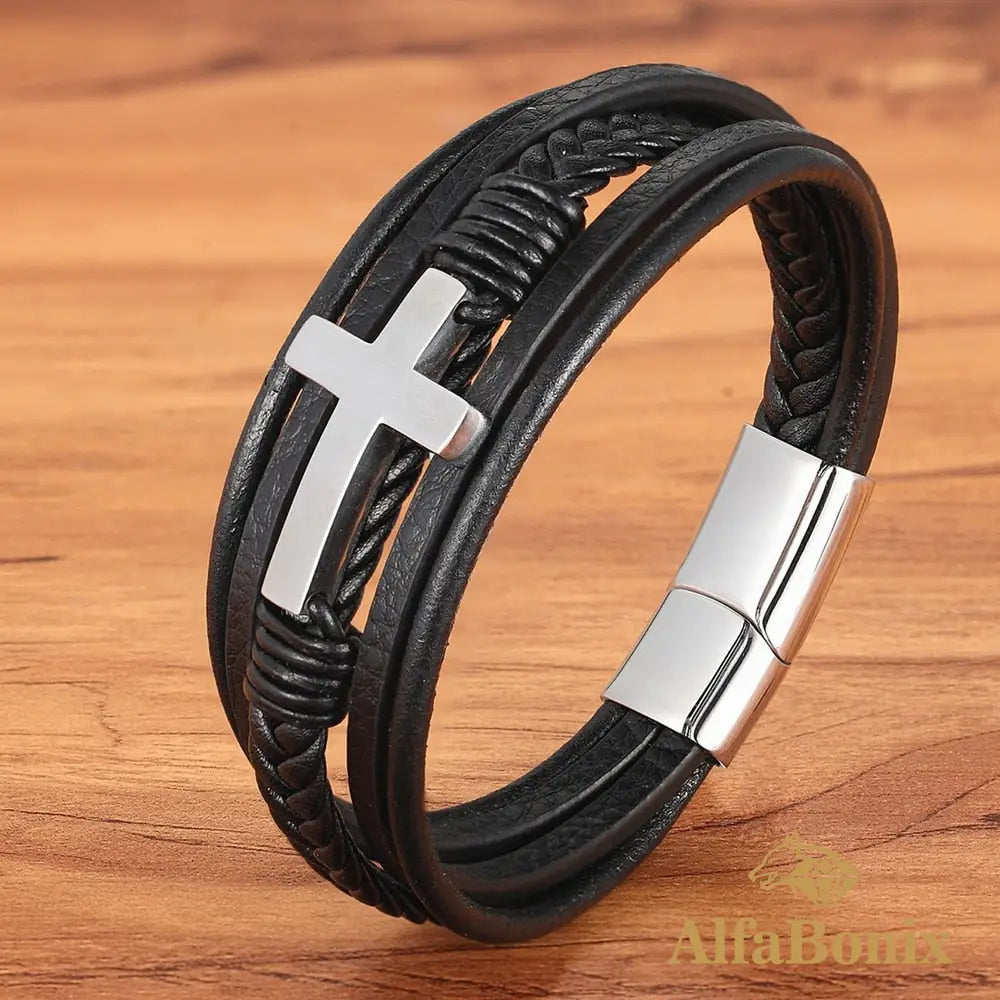 Pulseira Cruz Em Couro