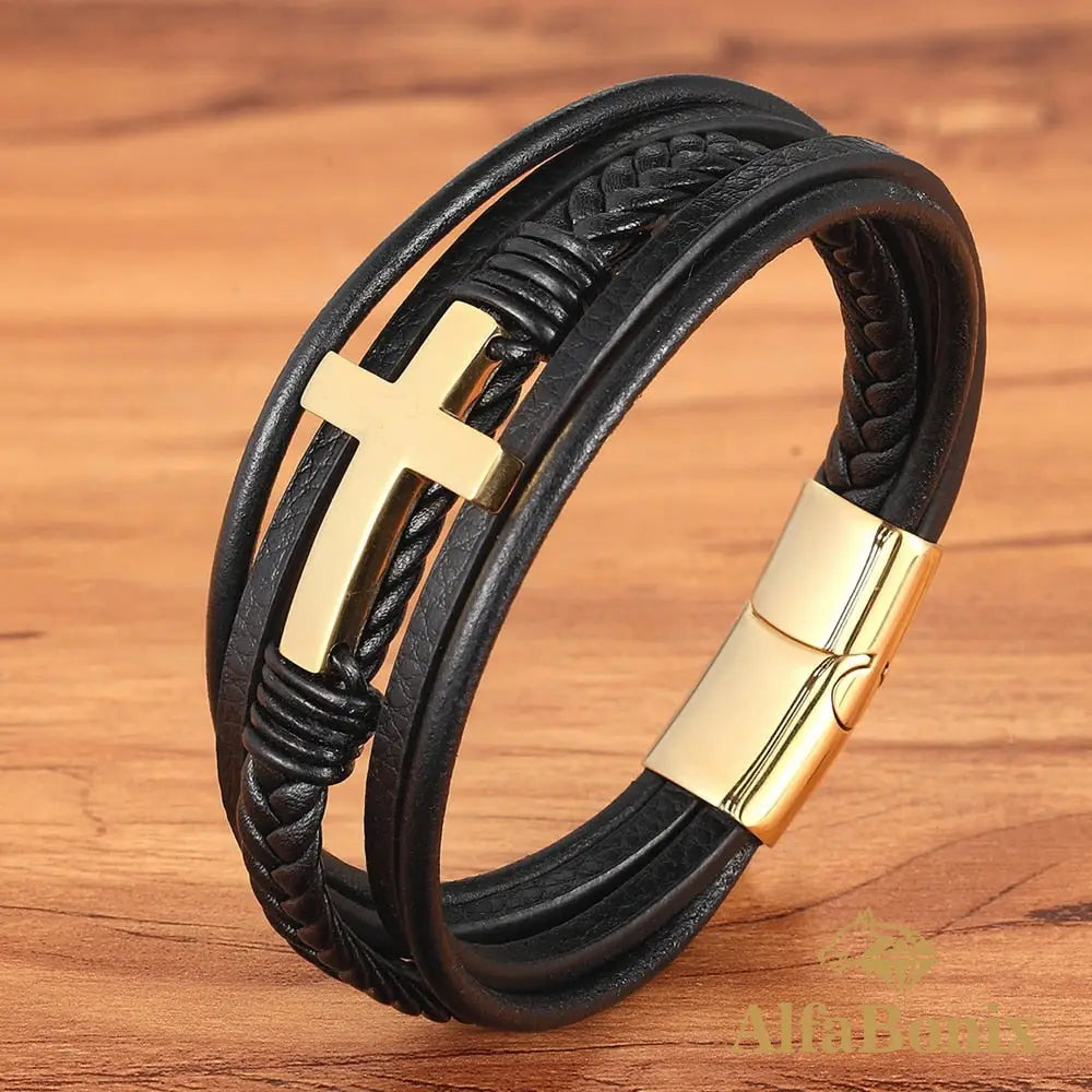 Pulseira Cruz Em Couro Dourado / 19Cm