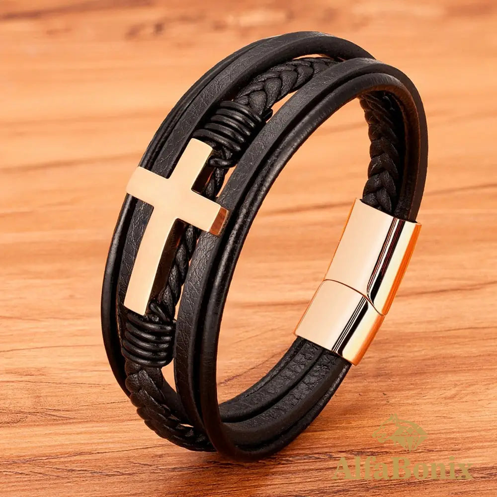 Pulseira Cruz Em Couro Dourado Rose / 19Cm