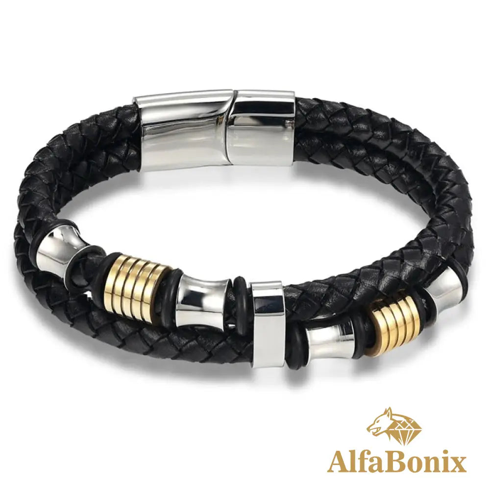 Pulseira Masculina Duas Camadas Tyopunk Prata E Dourado / 19Cm
