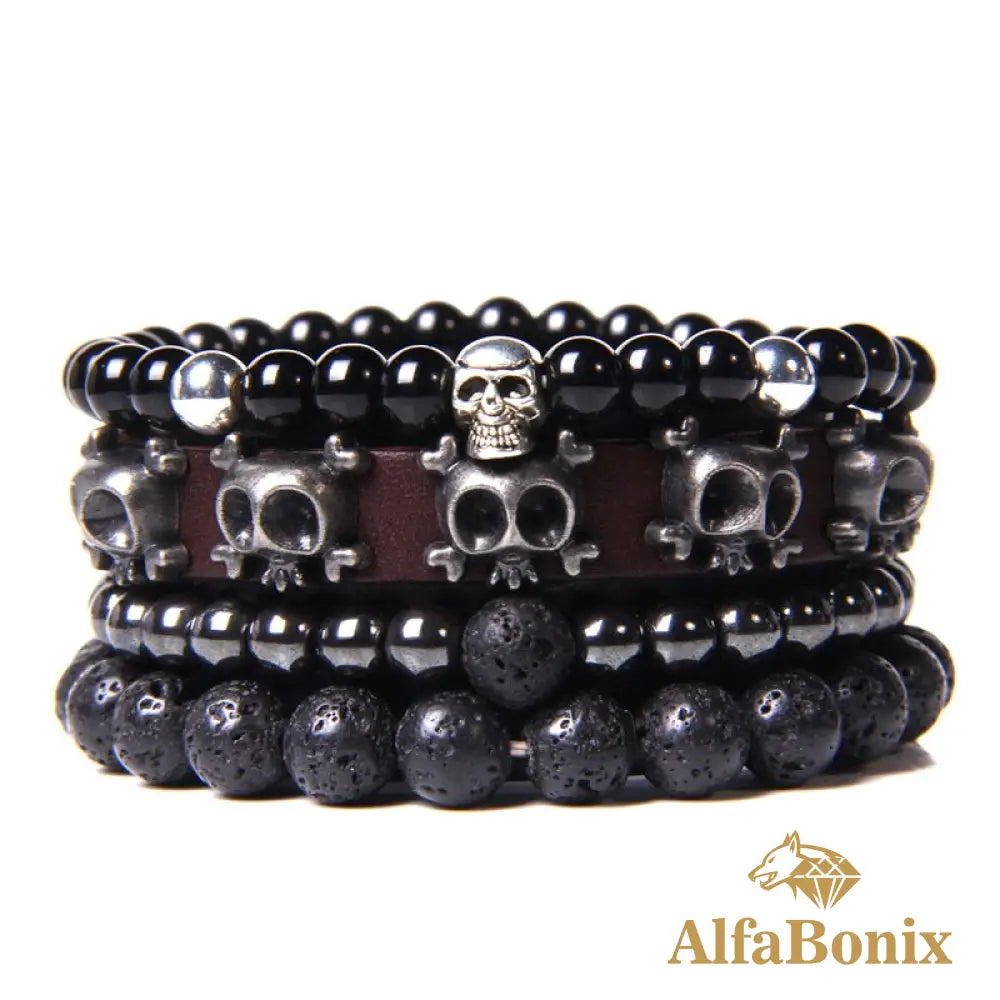 Pulseira Pedras Naturais De Proteção E Boas Energias Double Skull / 19Cm