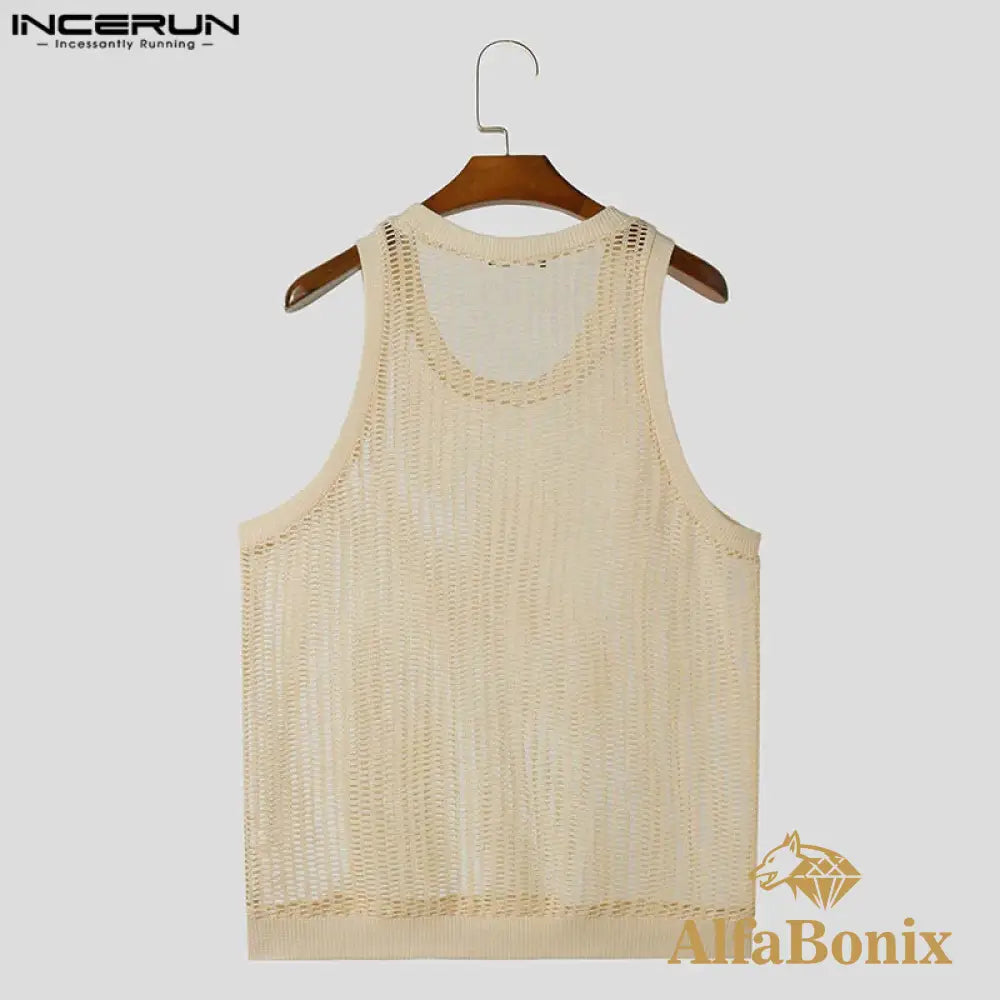 Fashion Sexy Style Tops INCERUN Mens Mesh Hollowed Vests Summer Casual Streetwear Male All-match Sleeveless Tank Tops