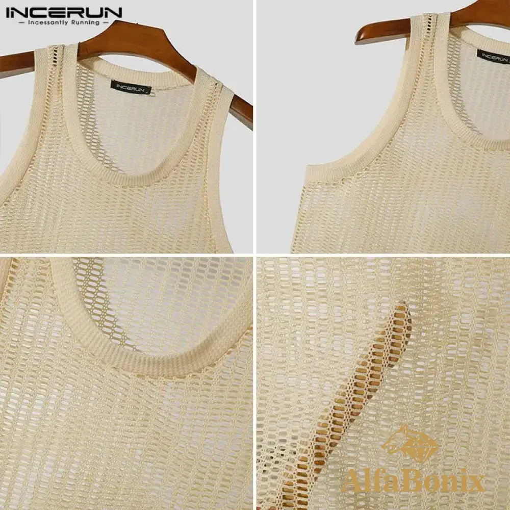 Fashion Sexy Style Tops INCERUN Mens Mesh Hollowed Vests Summer Casual Streetwear Male All-match Sleeveless Tank Tops