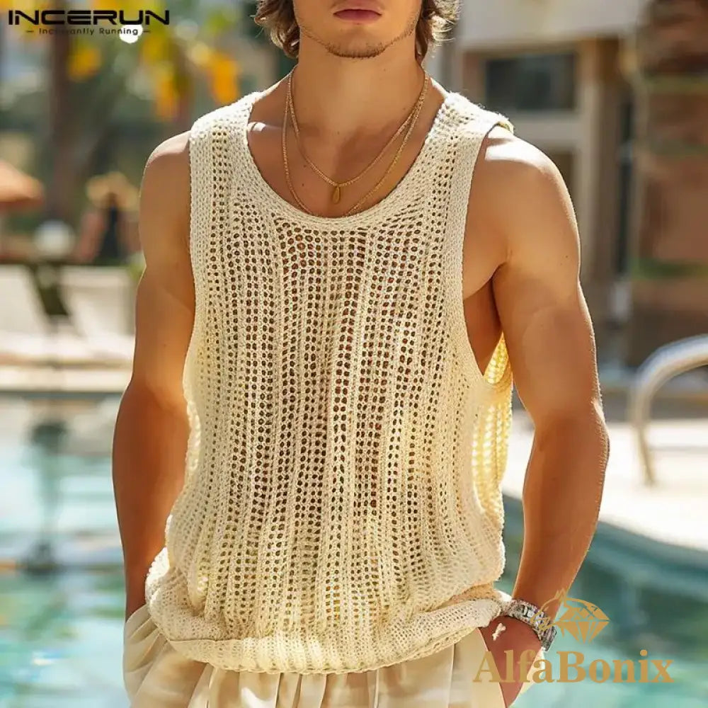 Fashion Sexy Style Tops INCERUN Mens Mesh Hollowed Vests Summer Casual Streetwear Male All-match Sleeveless Tank Tops