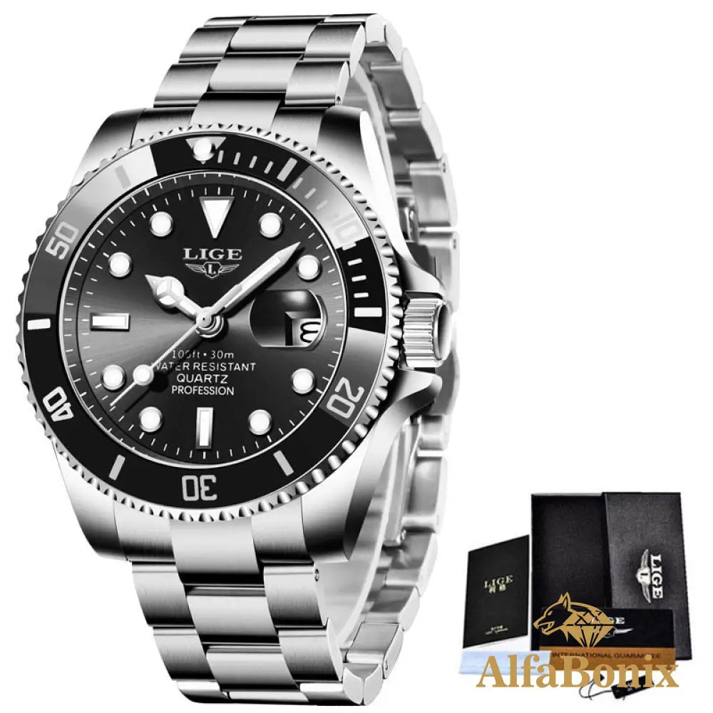 Relógio Luxury Diver Prateado Preto