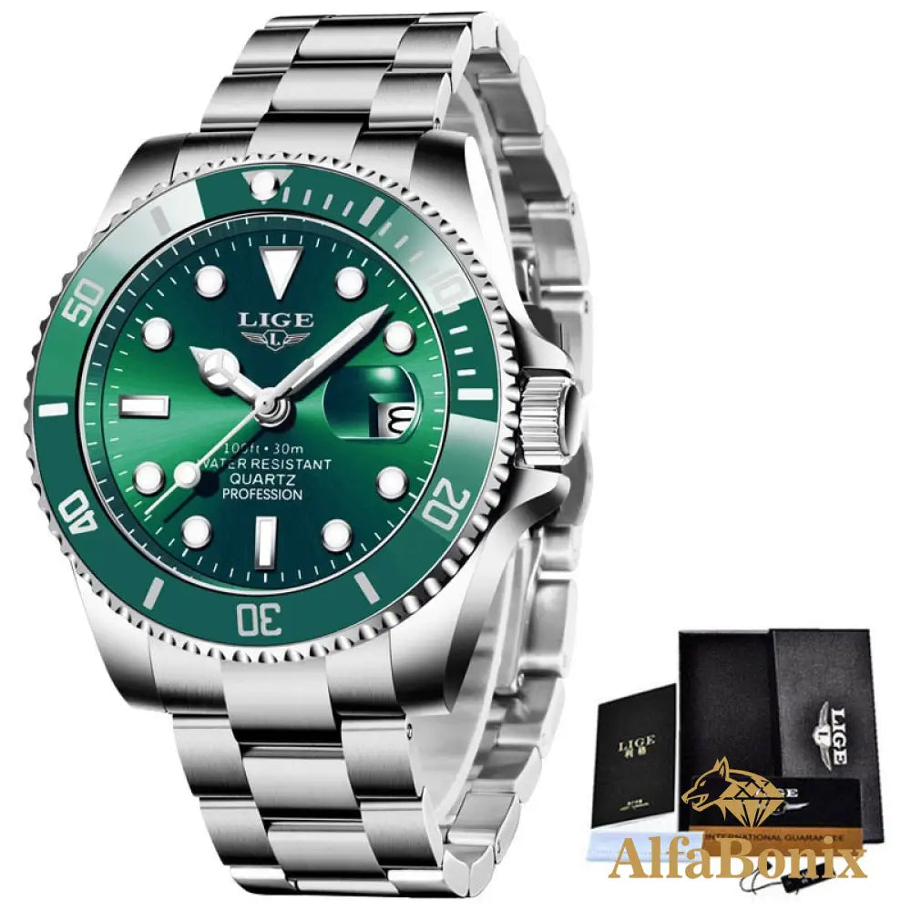 Relógio Luxury Diver Prateado Verde