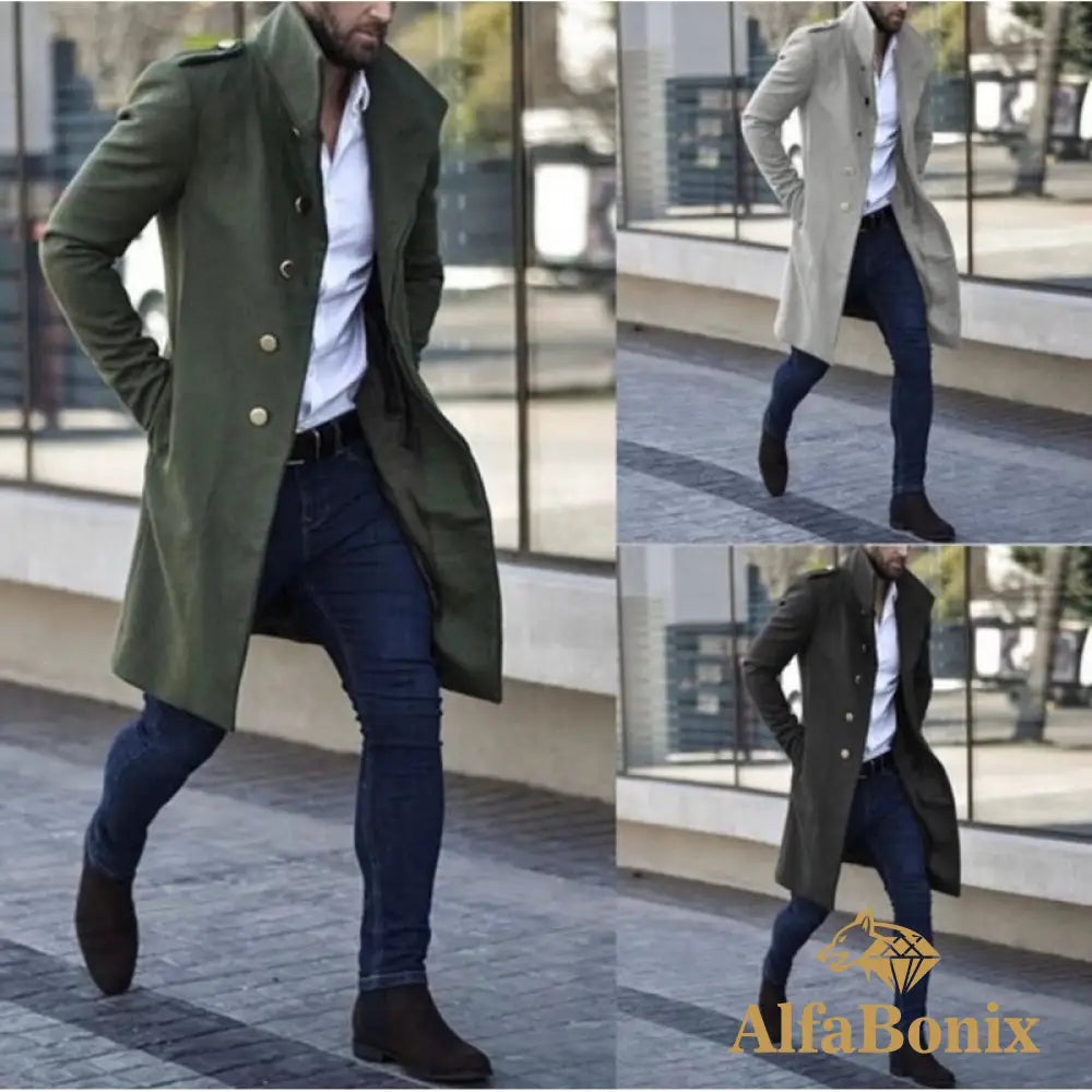 New Coat Spring And Autumn Men&#39;S Woolen Stand Collar Metal Buckle Decoration Mid-Length Pocket